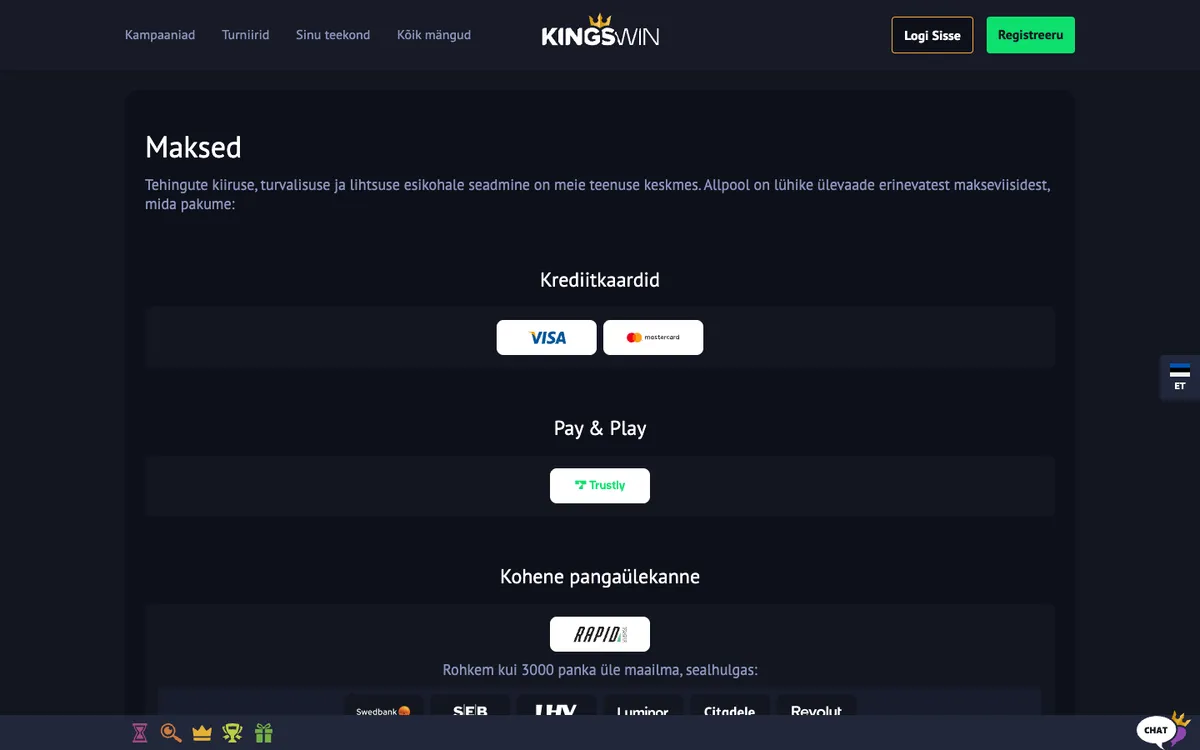 KingsWin Casino — Payments, captured from Estonia
