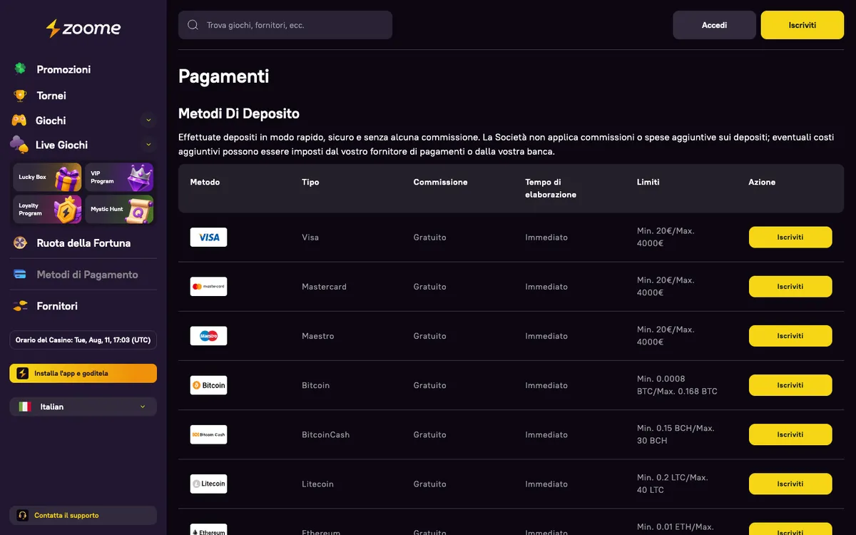 Zoome Casino — Payments, captured from Italy