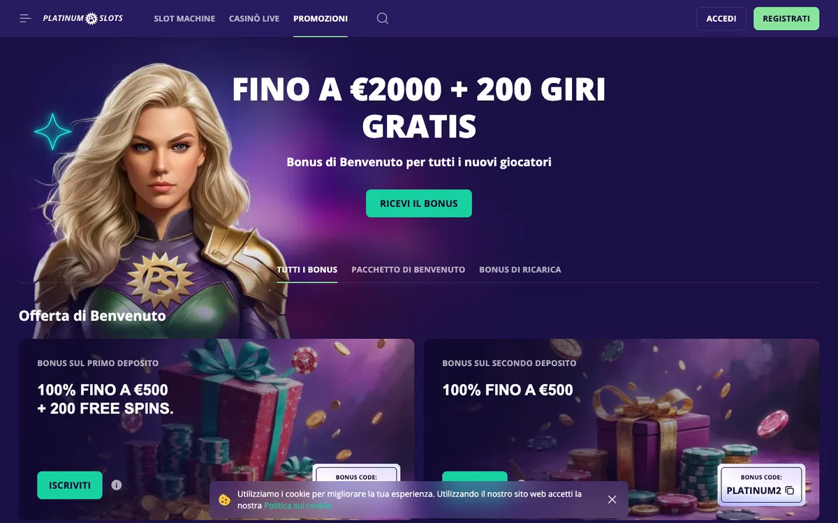 Platinumslots Casino — Promotions, captured from Italy