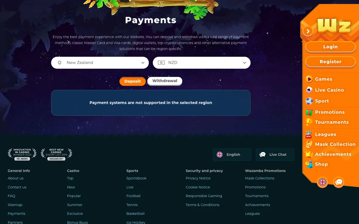 Wazamba Casino — «Платежи», снято из страны Новая Зеландия
