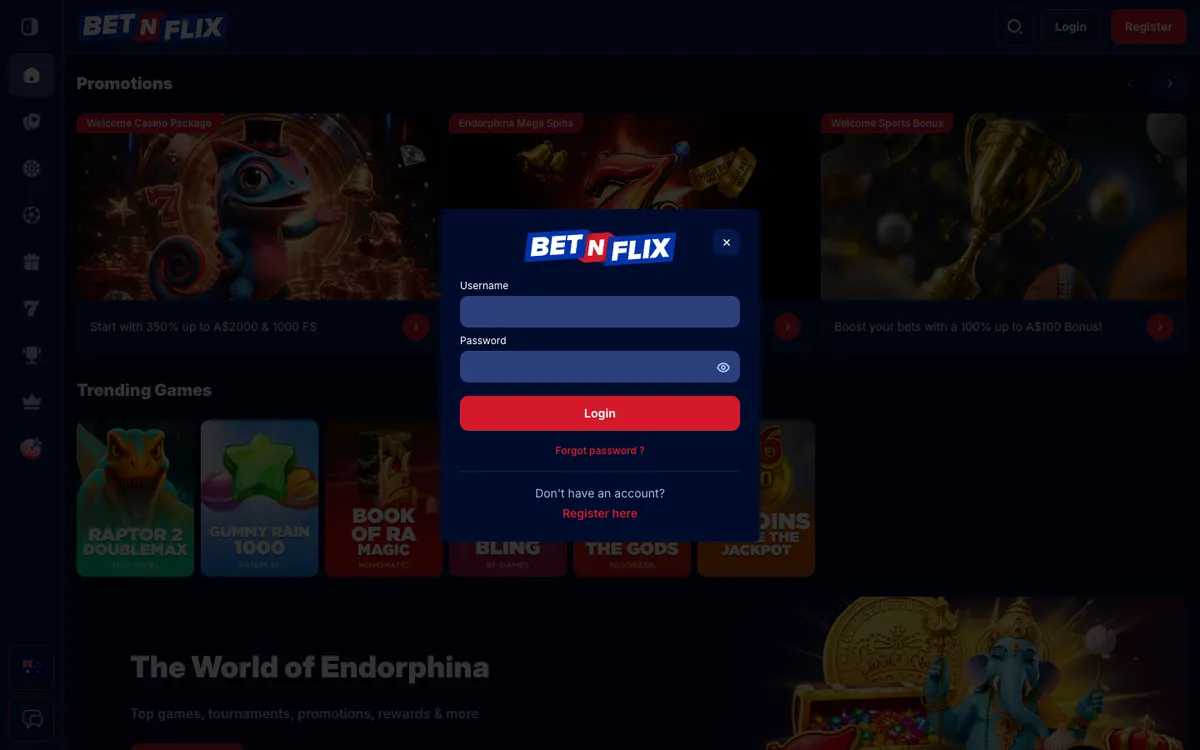 BetNFlix Casino — Sign-up, captured from Australia