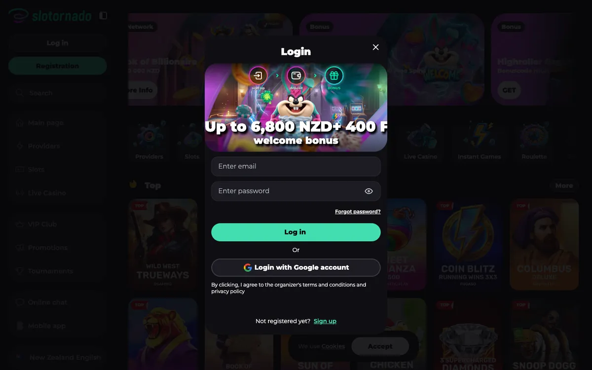 Slotornado Casino — Sign-up, captured from New Zealand