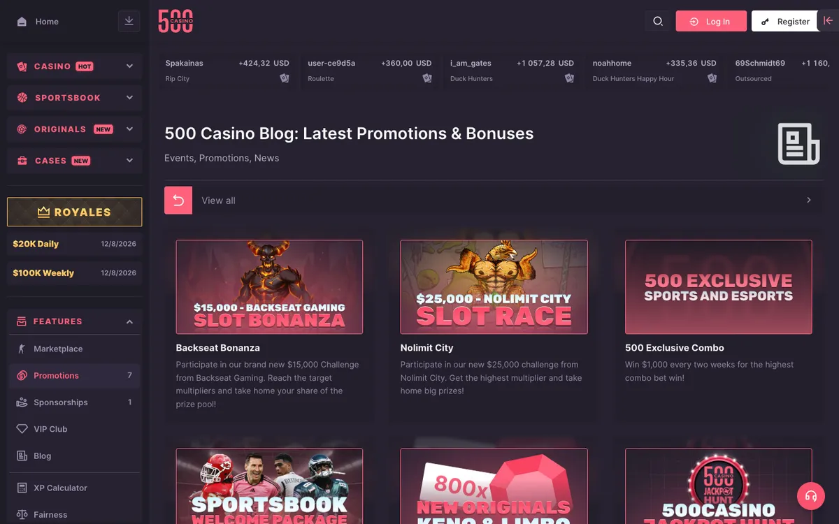 500 Casino — «Акции», снято из страны Южно-Африканская Республика