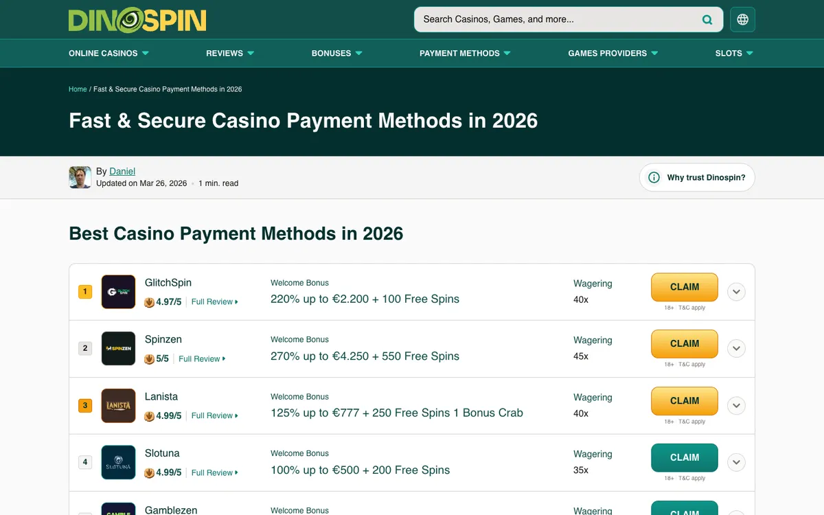 Dinospin Casino — «Платежи», снято из страны Новая Зеландия