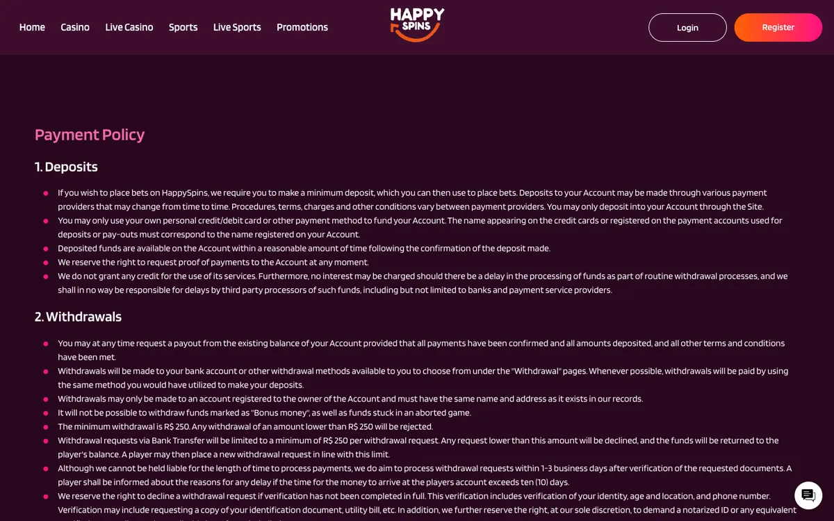 HappySpins Casino — Payments, captured from Belgium