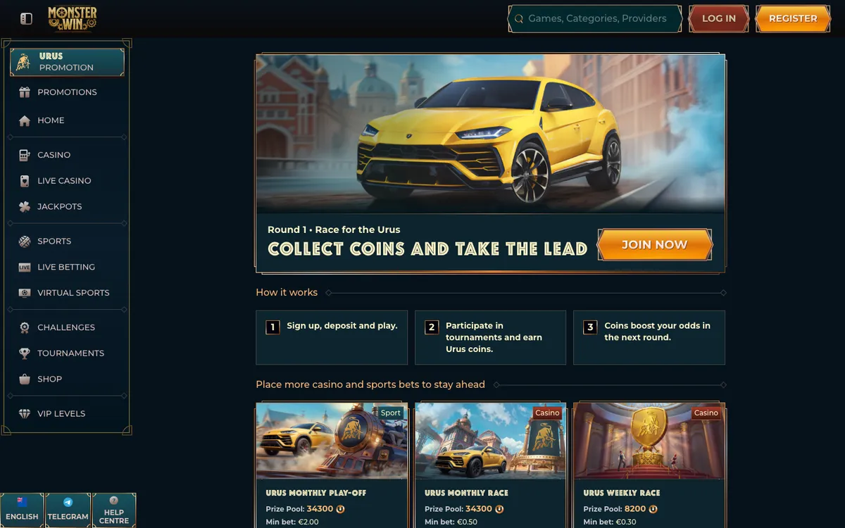 Monsterwin Casino — «Акции», снято из страны Новая Зеландия