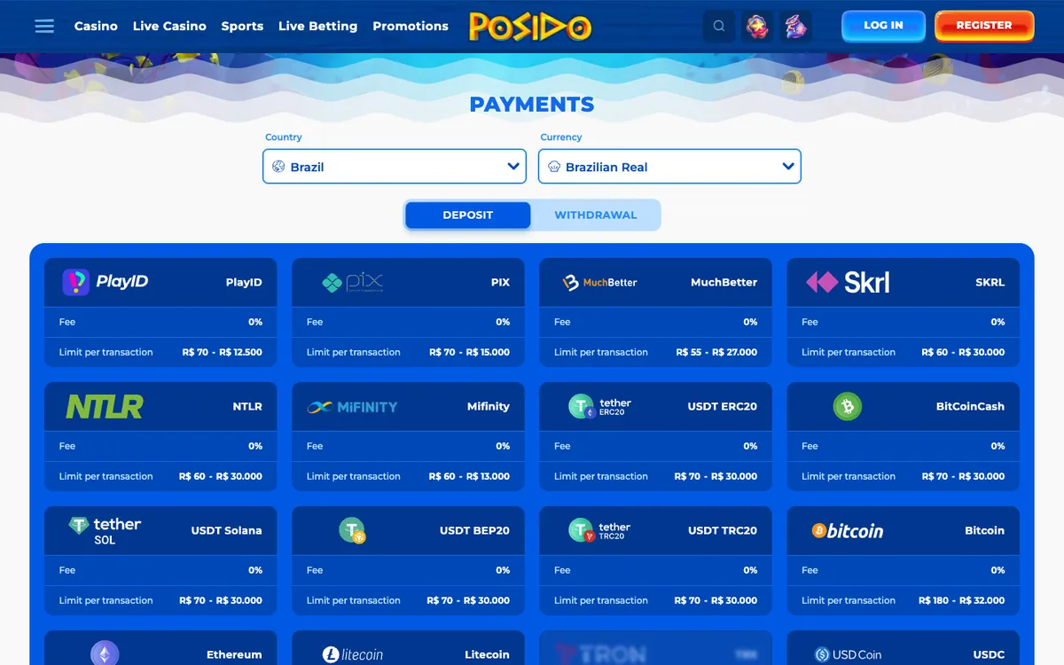Posido Casino — Payments, captured from Brazil