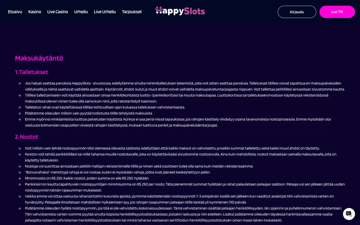 HappySlots Casino — Payments, captured from Finland