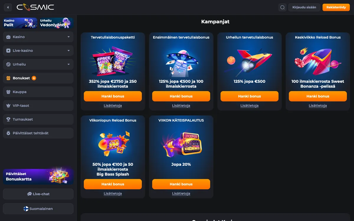 CosmicSlot Casino — «Акции», снято из страны Финляндия