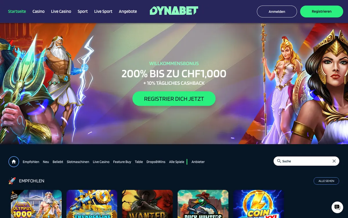 Dynabet Casino — Home page, captured from Switzerland