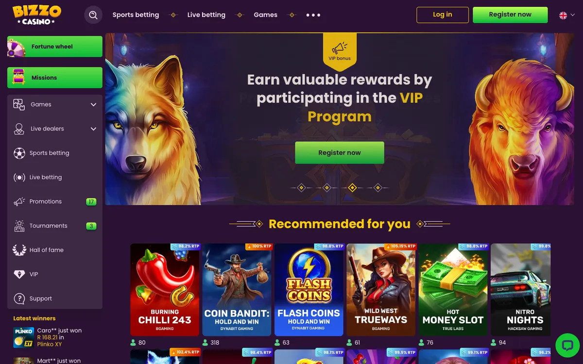Bizzo Casino — Home page, captured from South Africa