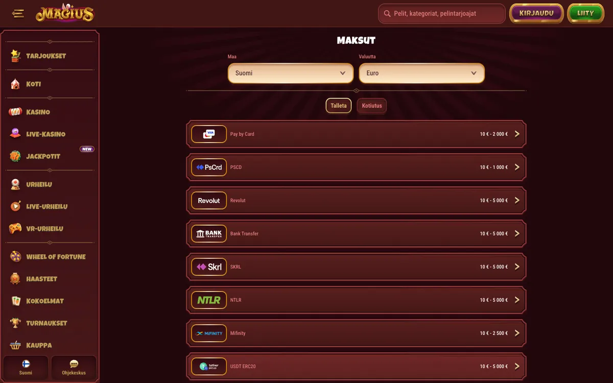 Magius Casino — «Платежи», снято из страны Финляндия