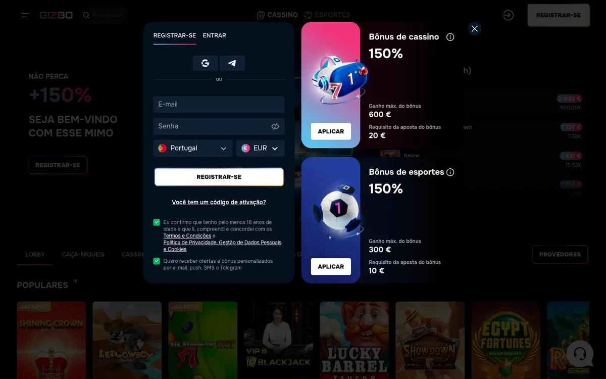 Gizbo Casino — «Главная», снято из страны Португалия