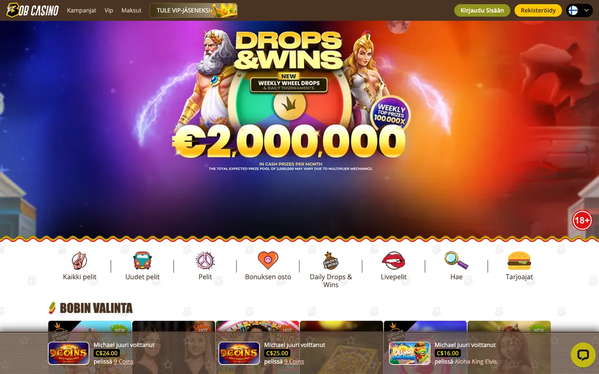 Bob Casino — Home page, captured from Finland