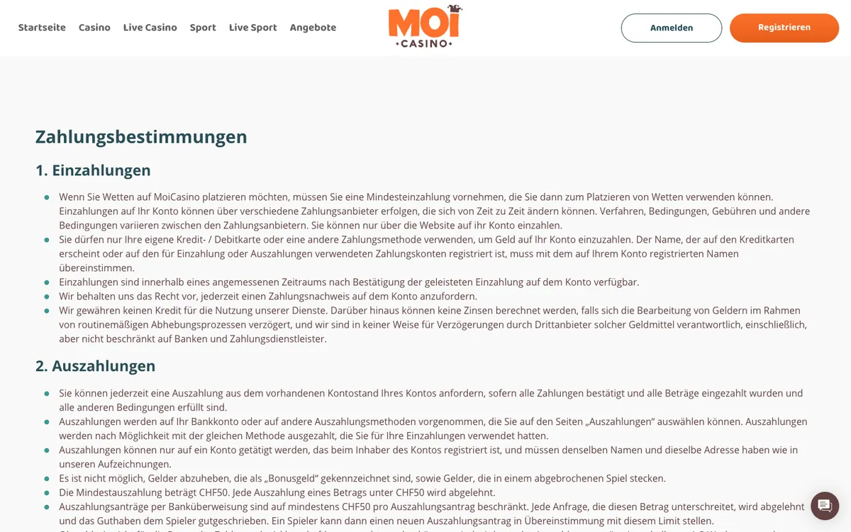 MoiCasino — Payments, captured from Switzerland
