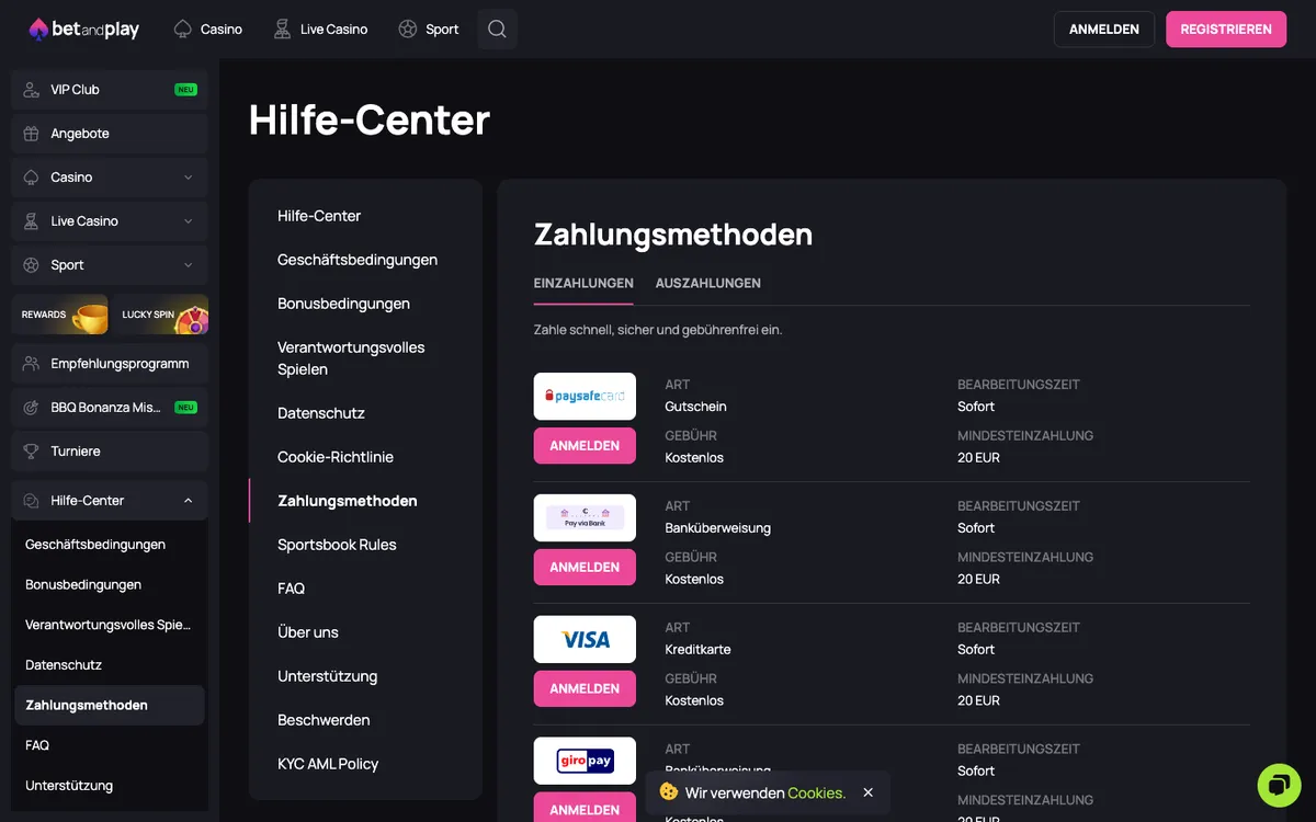Betandplay Casino — Payments, captured from Austria