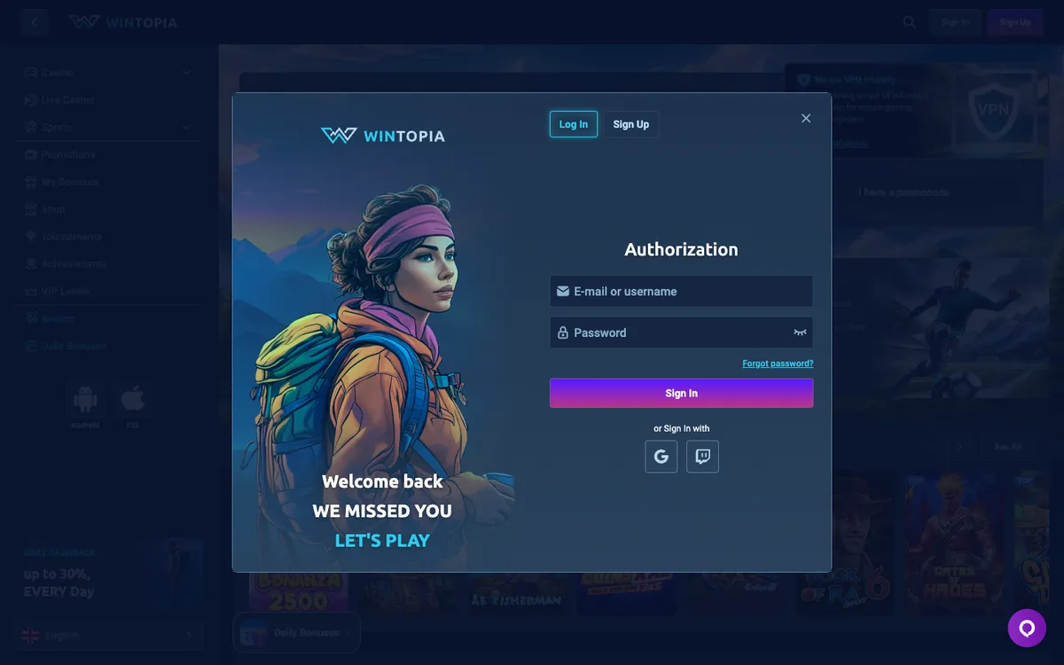 Wintopia Casino — «Регистрация», снято из страны Норвегия