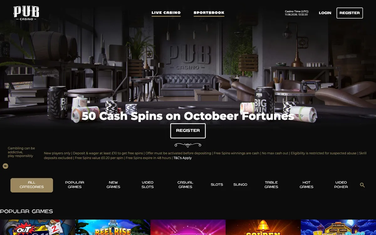 Pub Casino — Home page, captured from United Kingdom