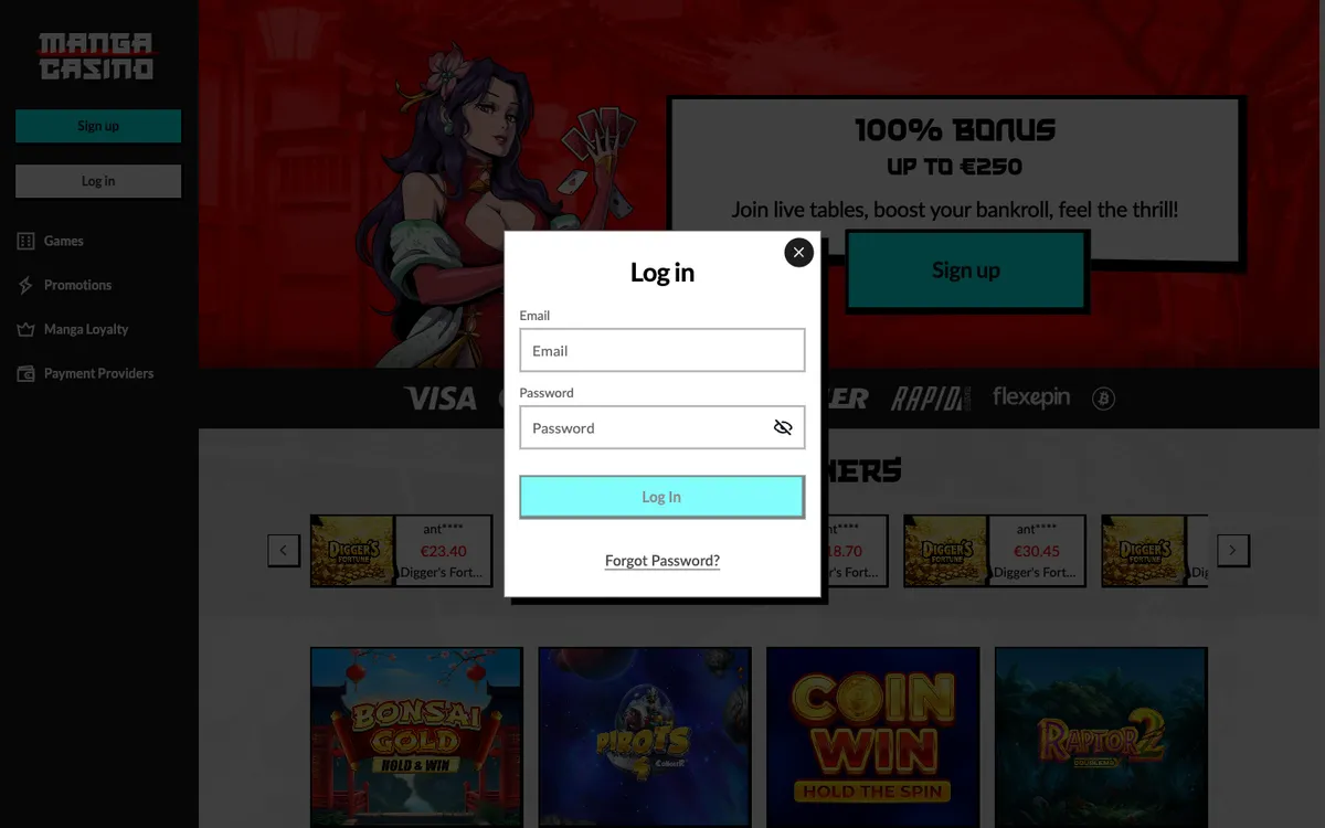 Manga Casino — Sign-up, captured from Austria