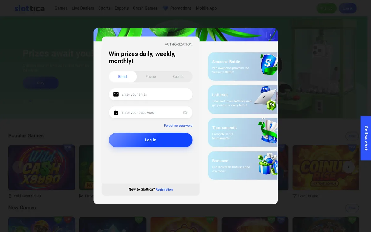 Slottica Casino — Sign-up, captured from Chile