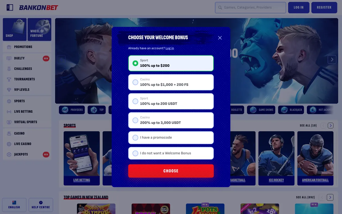 Bankonbet Casino — «Регистрация», снято из страны Новая Зеландия