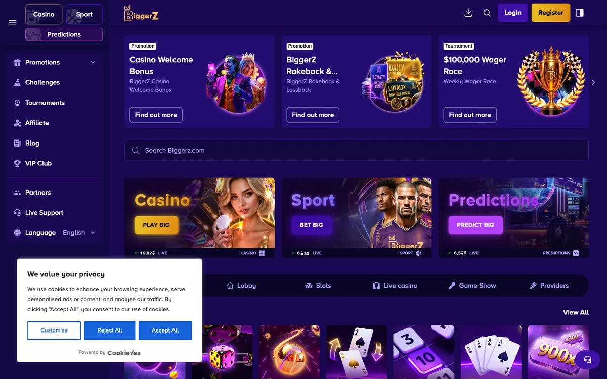 BiggerZ Casino — Home page, captured from Australia