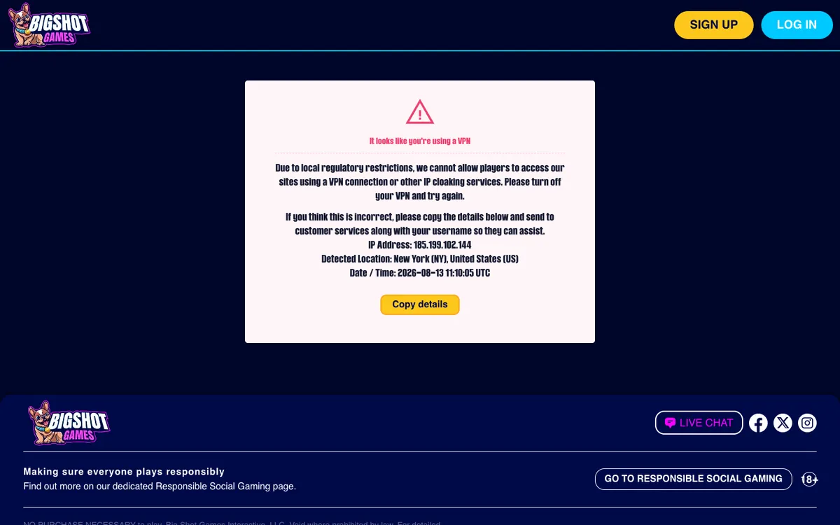 Big Shot Games Casino — Sign-up, captured from United States