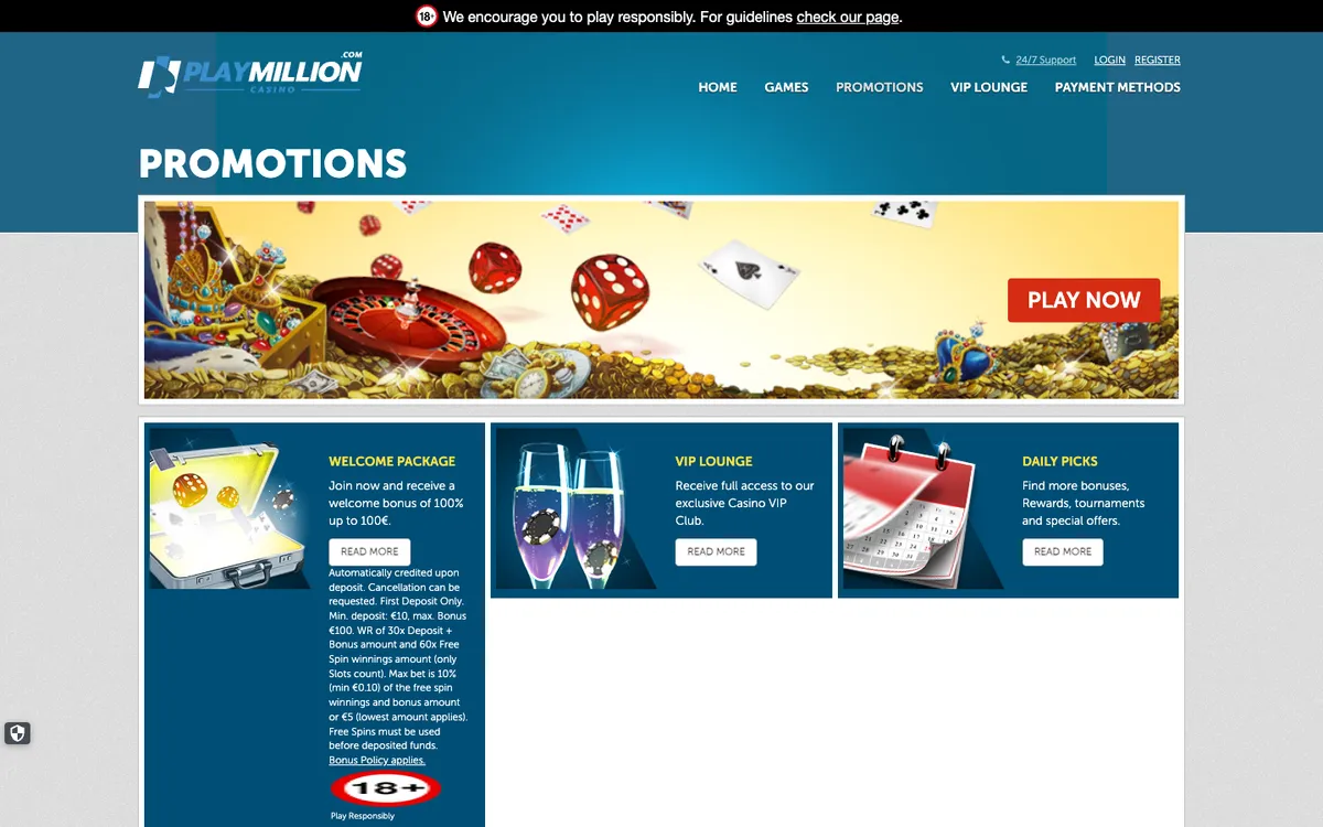 Play Million Casino — Promotions, captured from Italy