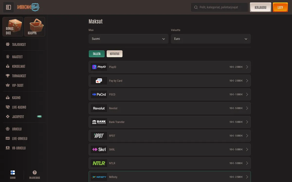 Neon54 Casino — «Платежи», снято из страны Финляндия
