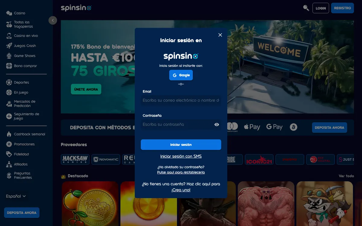 Spinsino Casino — Sign-up, captured from Spain