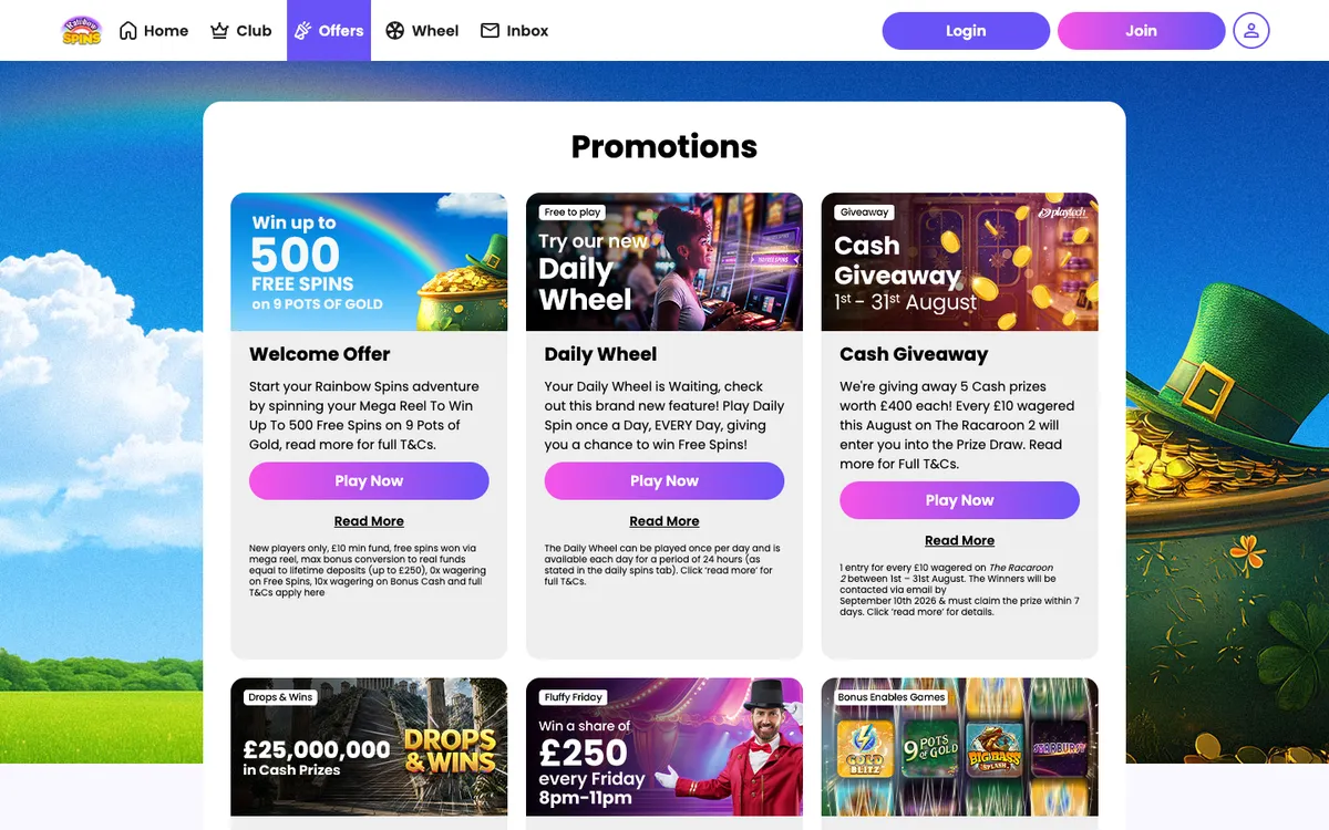Rainbow Spins Casino — «Акции», снято из страны Великобритания
