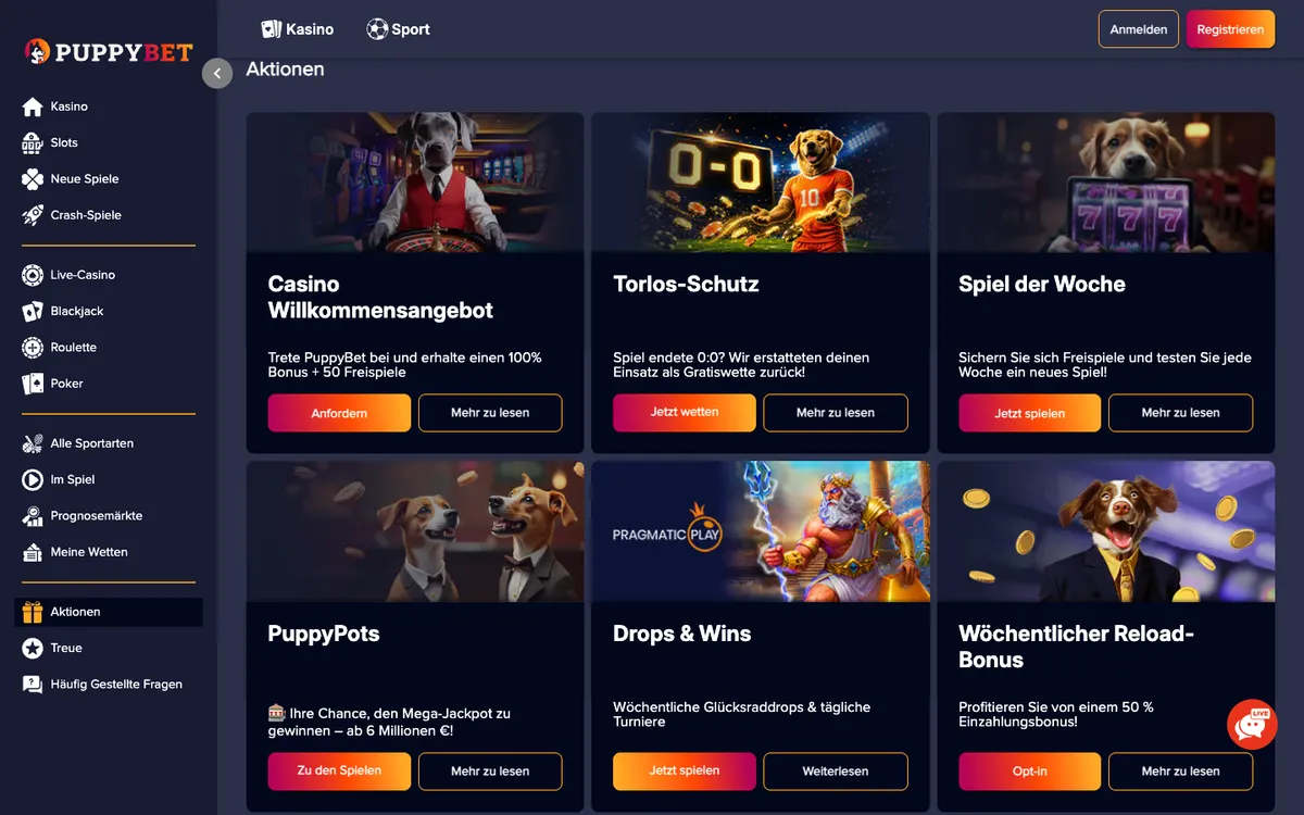 PuppyBet Casino — Promotions, captured from Austria