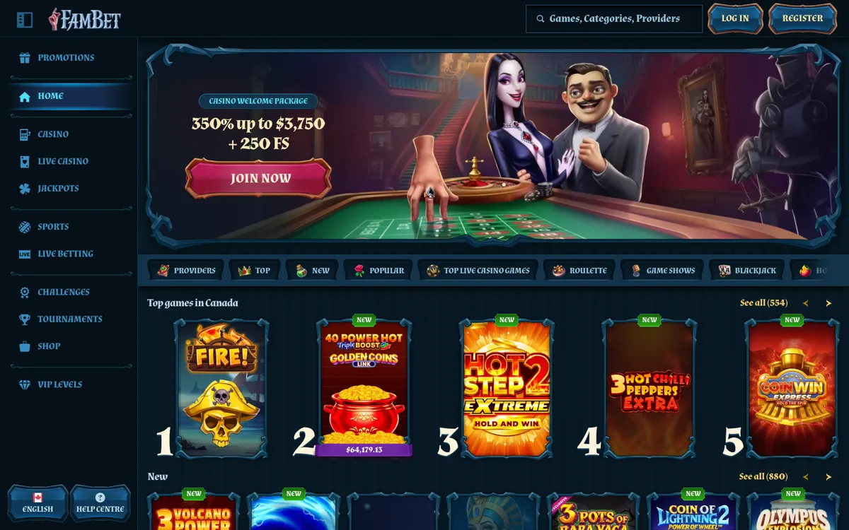 FamBet Casino — Home page, captured from Canada