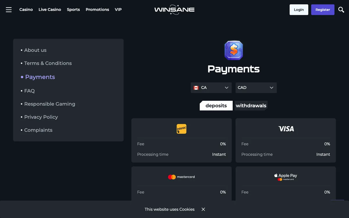 Winsane Casino — «Платежи», снято из страны Канада
