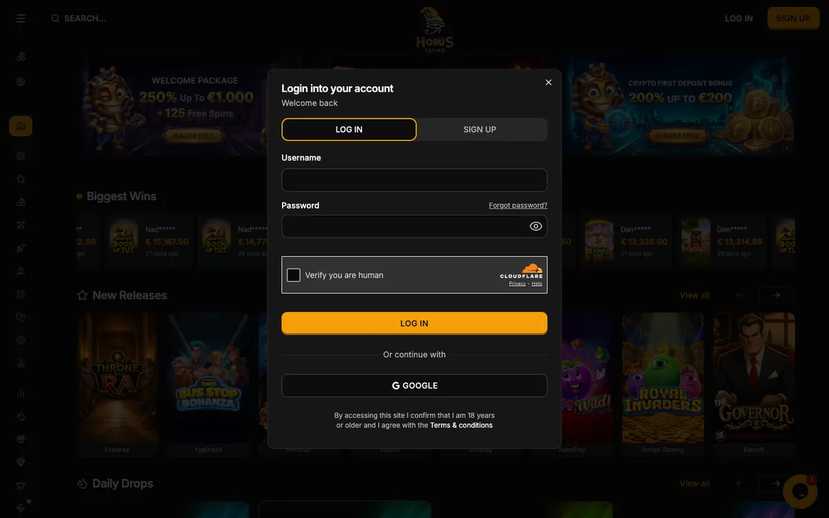 Horus Casino — «Регистрация», снято из страны Новая Зеландия