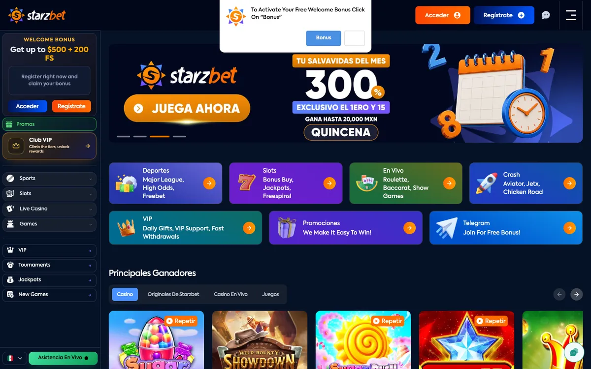 Starzbet Casino — Sign-up, captured from Mexico