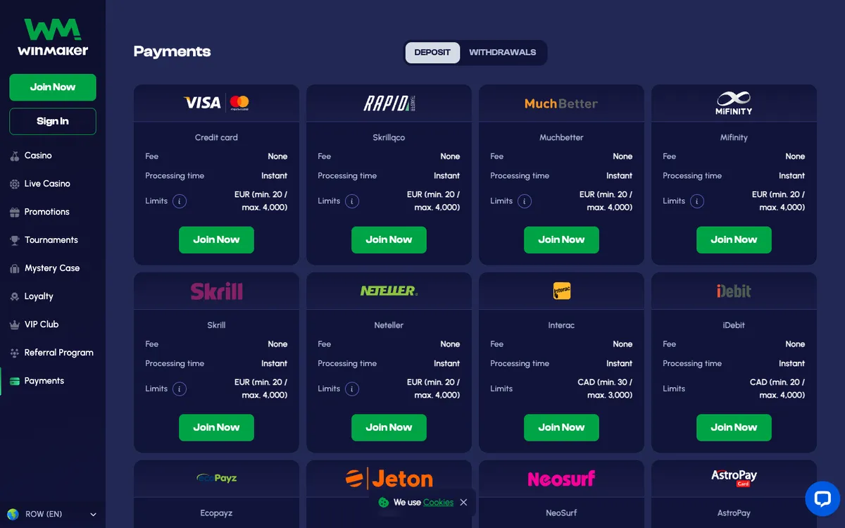 Winmaker Casino — «Платежи», снято из страны Норвегия