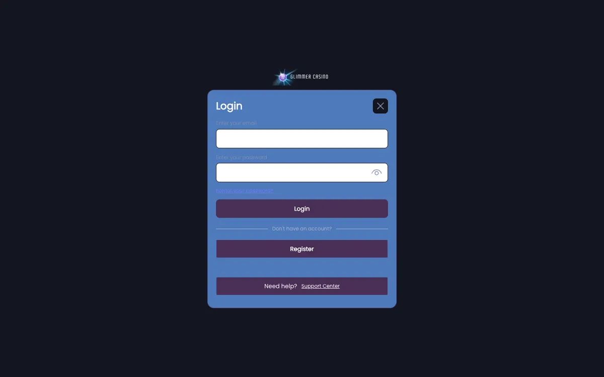 Glimmer Casino — Sign-up, captured from United Kingdom