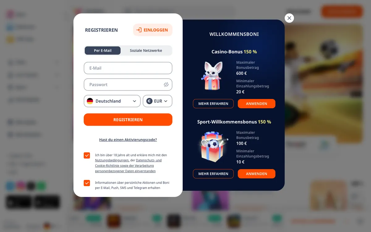 Monro Casino — Home page, captured from Germany