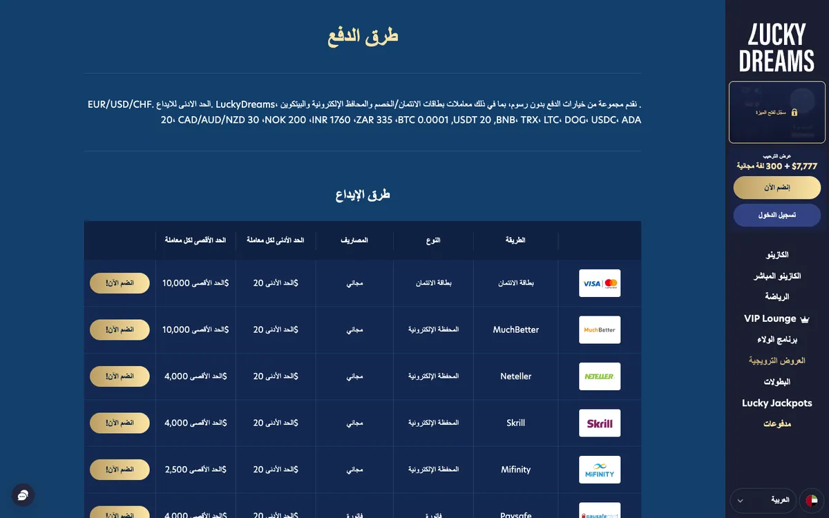 Lucky Dreams Casino — Payments, captured from United Arab Emirates