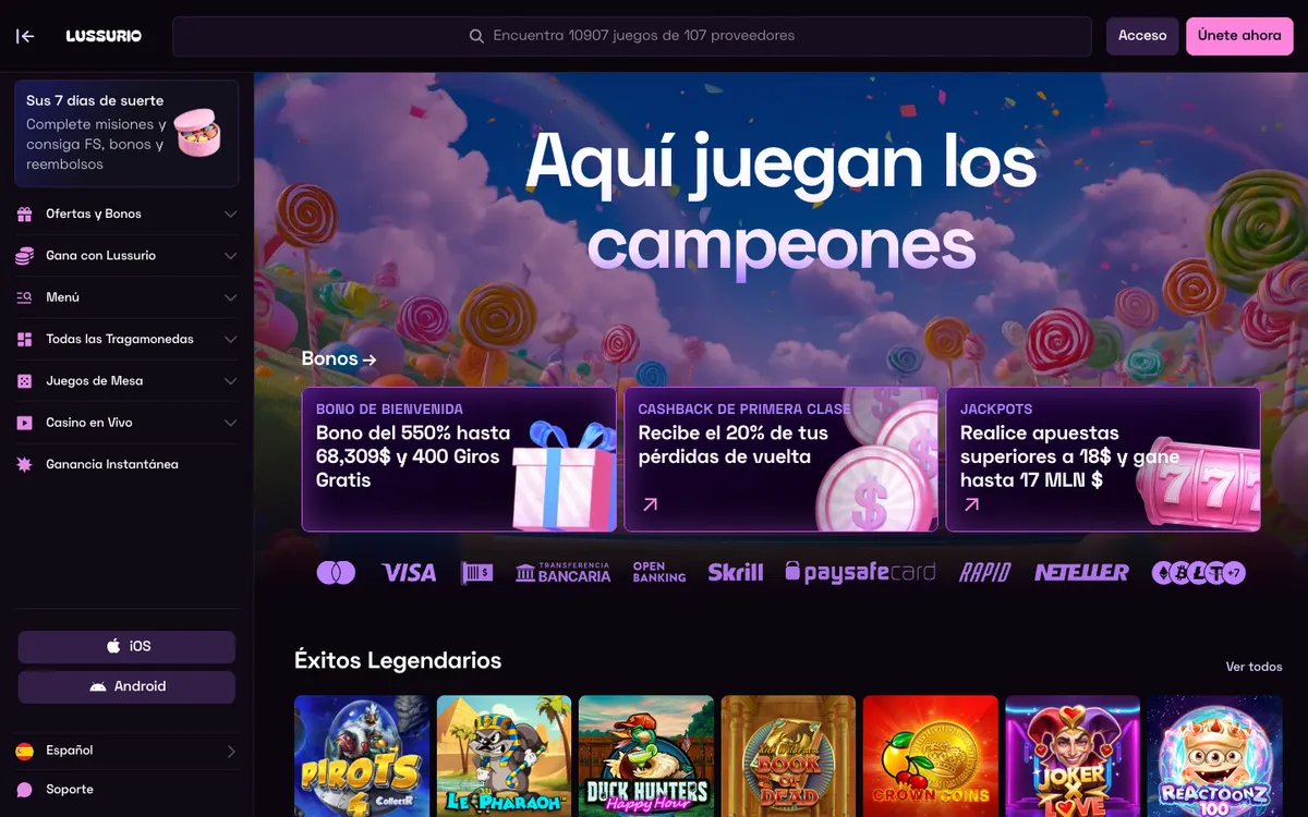Lussurio Casino — Home page, captured from Mexico