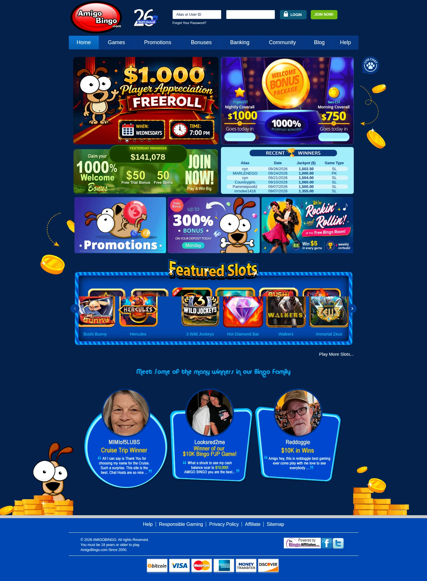 AmigoBingo Casino – «Главная», снято из страны Соединенные Штаты