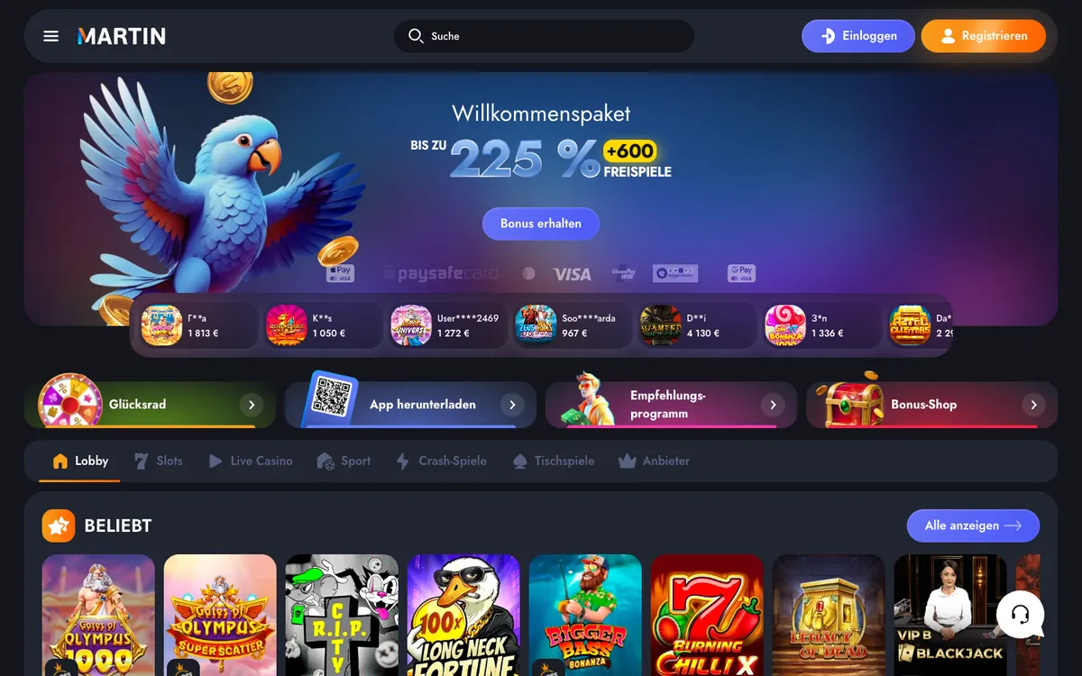 Martin Casino — Home page, captured from Austria