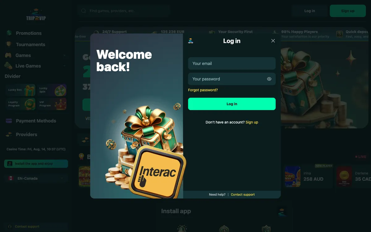 Trip2Vip Casino — «Регистрация», снято из страны Канада