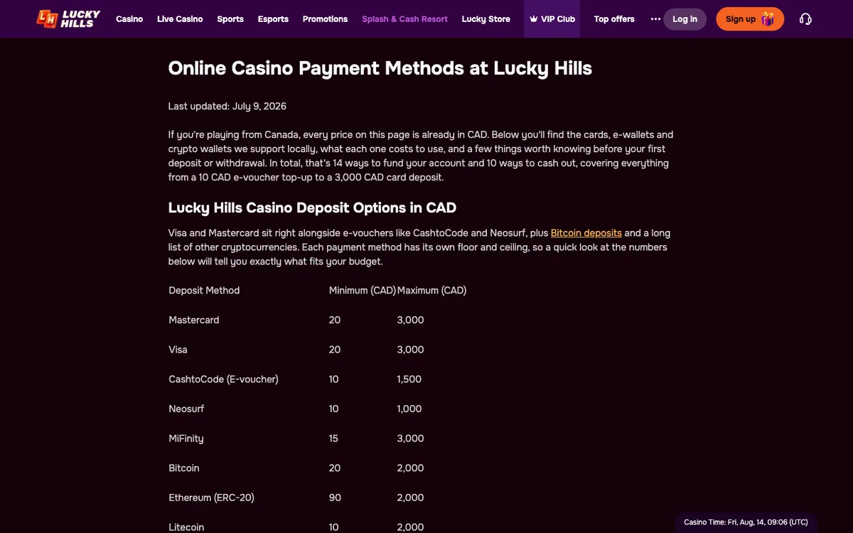 LuckyHills Casino — Payments, captured from Canada
