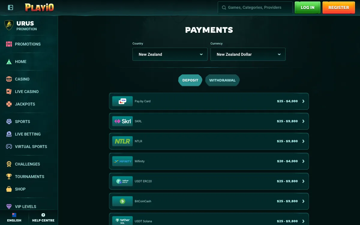 Playio Casino — Payments, captured from New Zealand