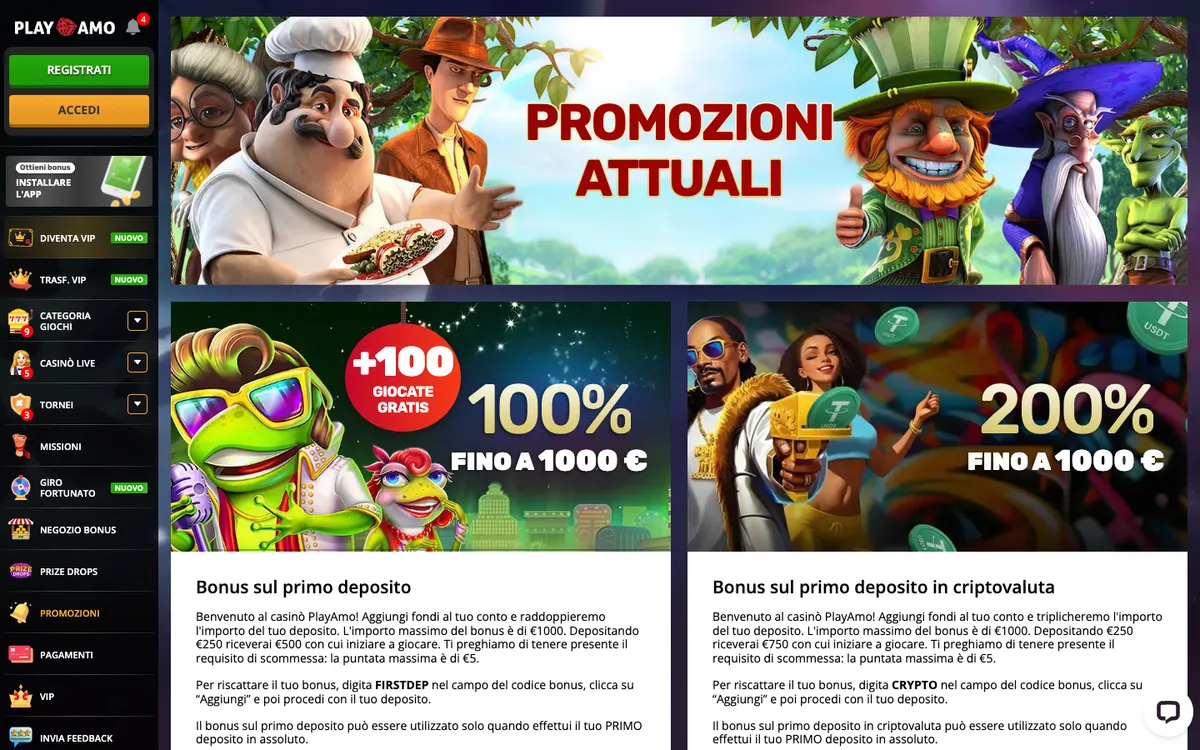 Playamo Casino — Promotions, captured from Italy