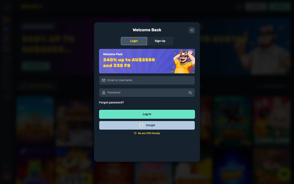 SpinsBro Casino — «Регистрация», снято из страны Австралия