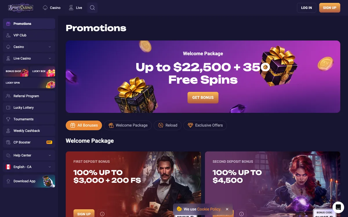 Spirit Casino — Promotions, captured from Canada