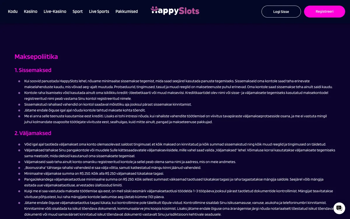 HappySlots Casino — Payments, captured from Estonia